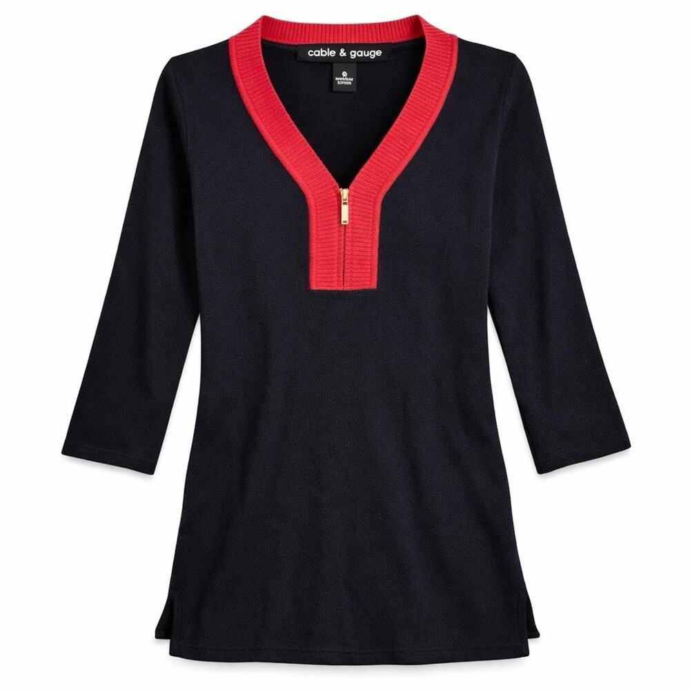 Cable & Gauge Women’s Small Black Knit Top Red Trim Half Zip V-Neck Knit Sweater - Picture 2 of 9